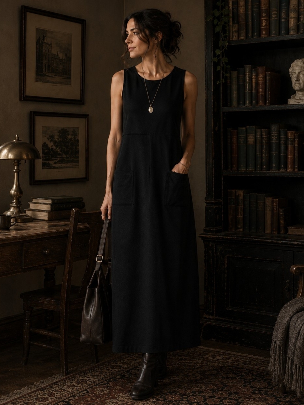 Vintage Talbots Black Maxi Dress S Sleeveless A Line Pockets Minimalist 90s
